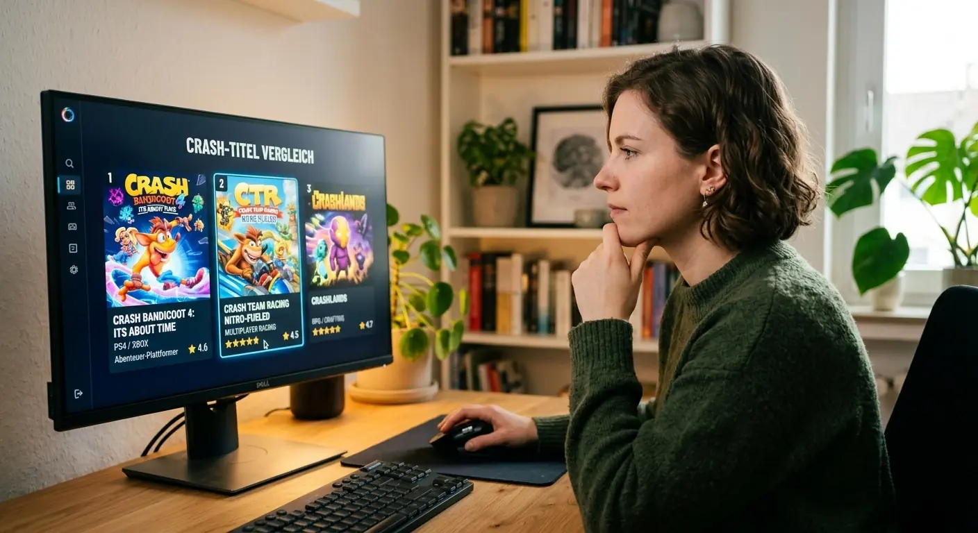 Nachdenkliche Person wählt am Bildschirm zwischen verschiedenen Crash-Titeln