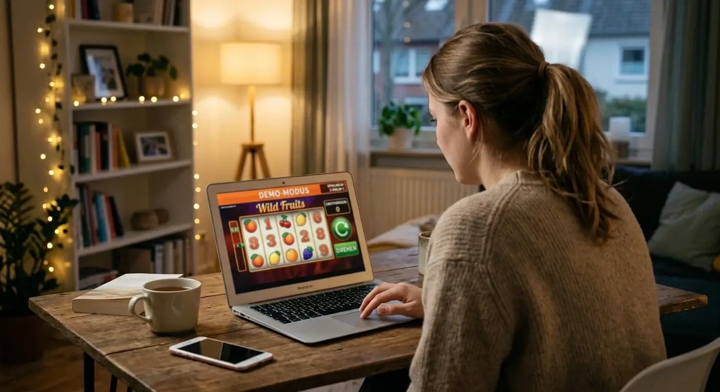 Person testet Slot im Demo-Modus auf Laptop mit Spielgeld-Anzeige