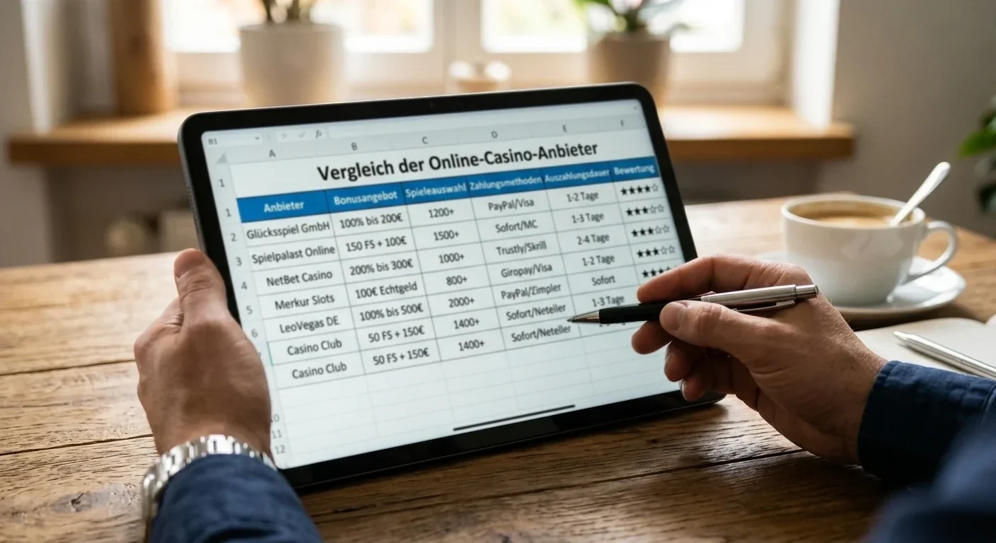 Vergleichstabelle deutscher Casinos auf Tablet mit Hand und Stift