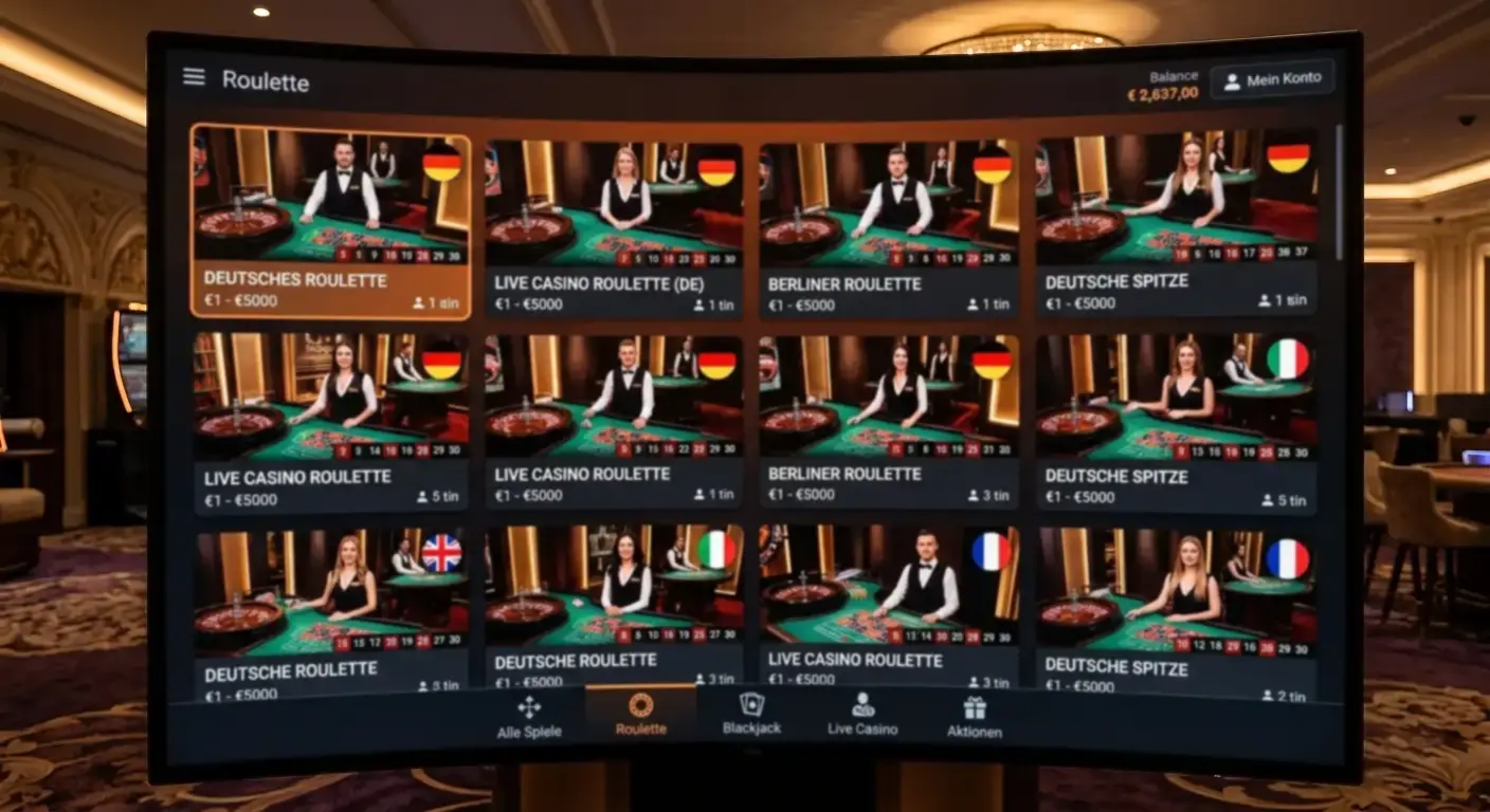 Lobby-Ansicht mit deutschen Live-Roulette-Tischen und Flaggen-Markierung