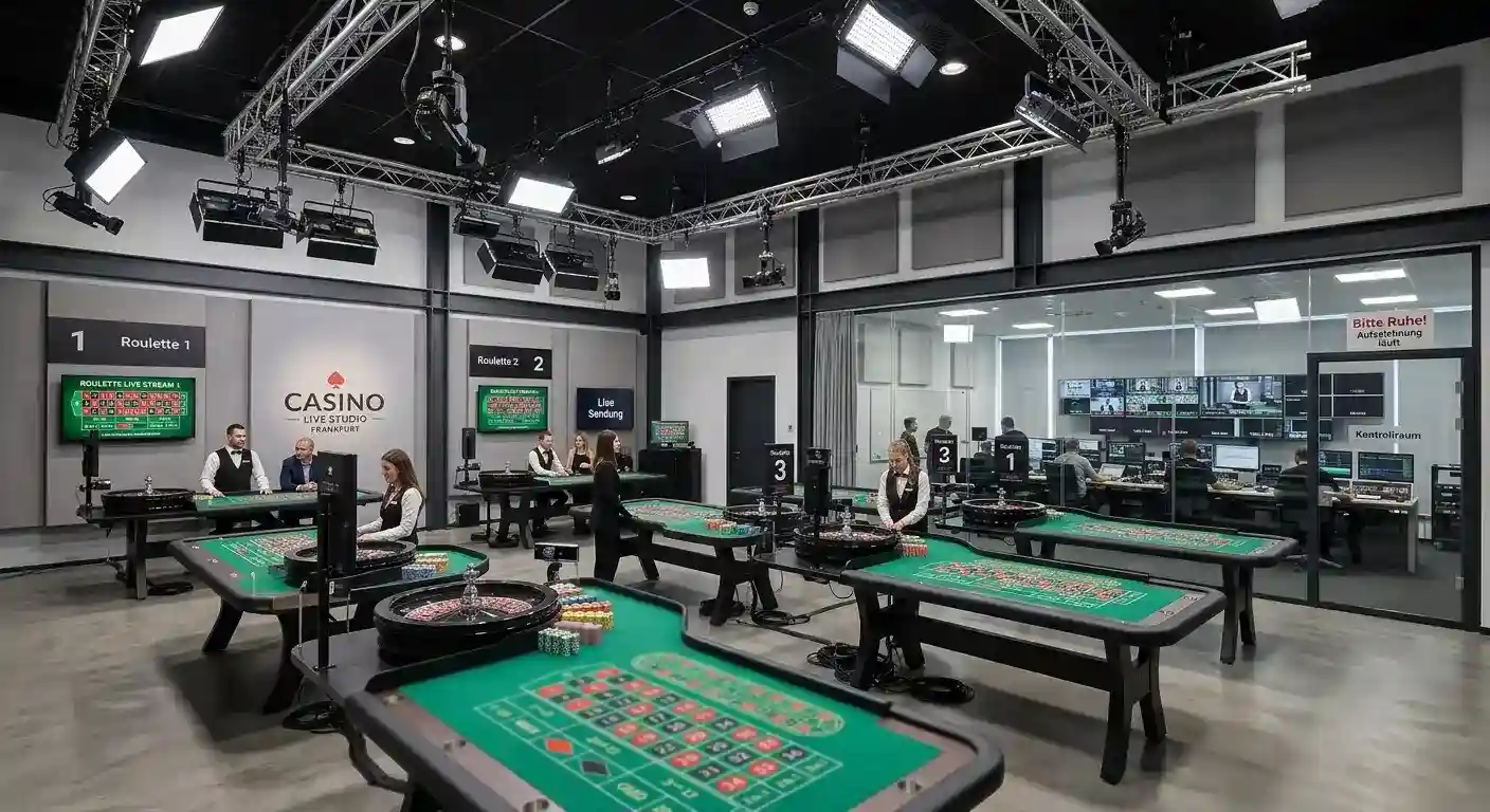 Live-Studio mit mehreren Roulette-Tischen und Kamera-Equipment