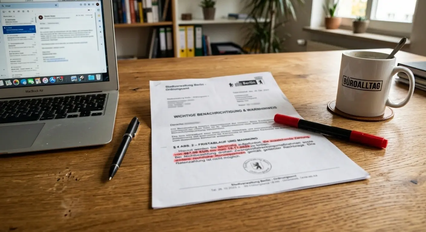 Dokument mit Warnung markiert, roter Marker hebt wichtige Bedingungen hervor