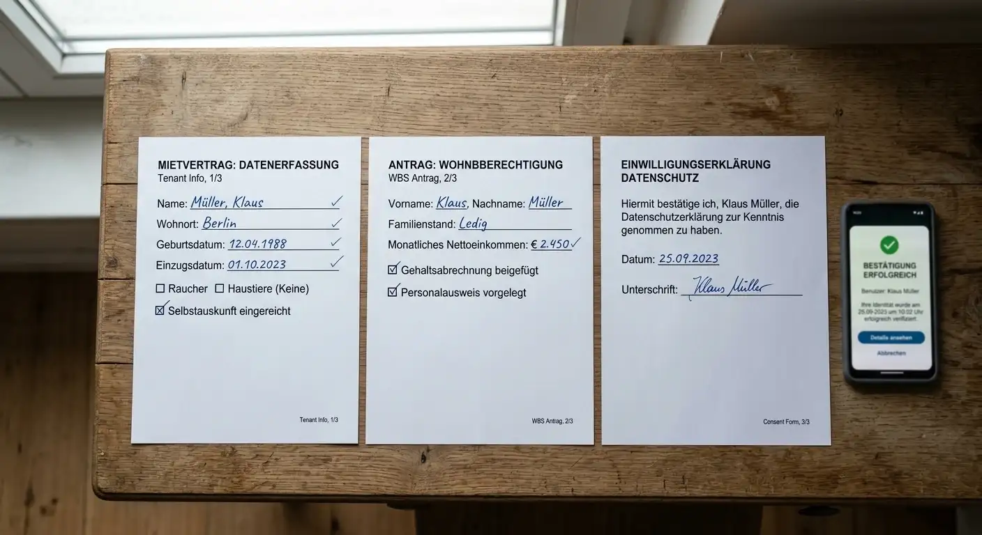 Drei Dokumente nebeneinander auf Schreibtisch mit Smartphone zur Verifizierung