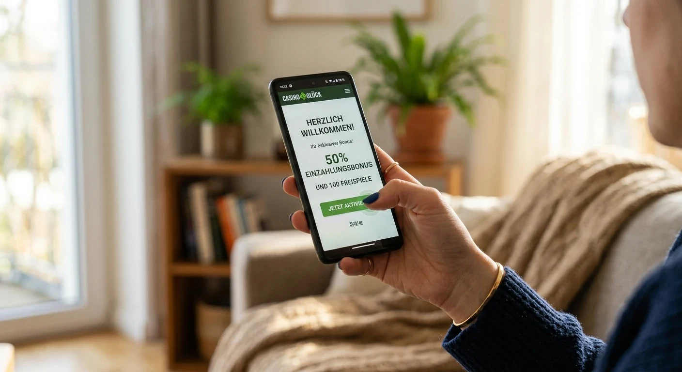 Smartphone mit Casino-App und Hand, die Bonus-Freispiele aktiviert
