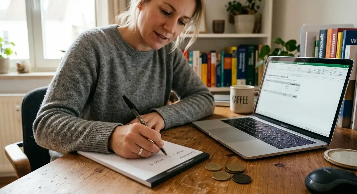 Person rechnet mit Stift und Notizblock den realen Wert eines einzahlungsfreien Freispielangebots aus