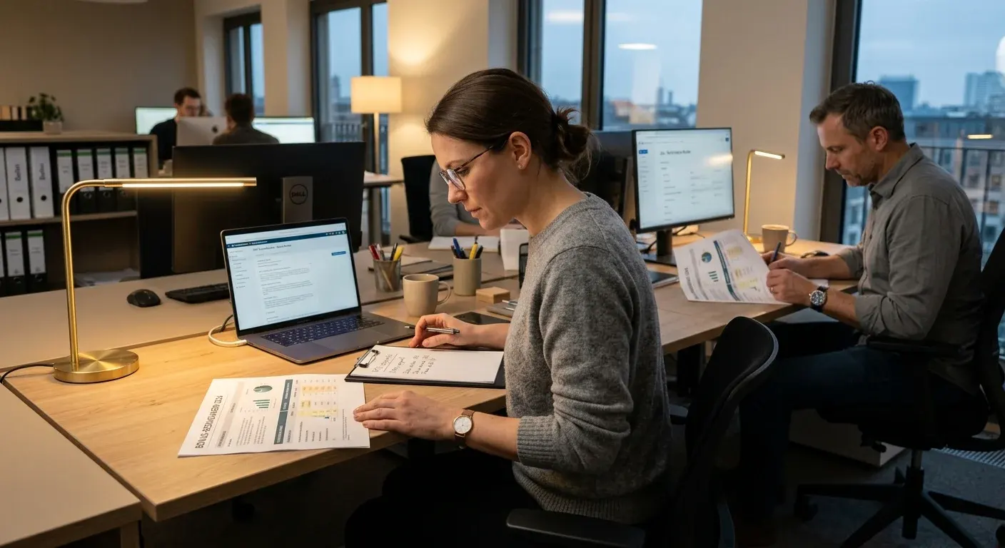 Zwei Personen an getrennten Schreibtischen prüfen gedruckte Bonusbedingungen