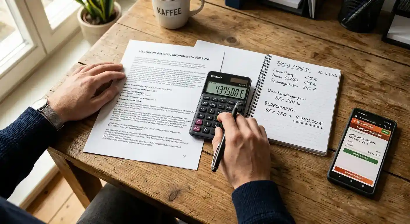 Person am Schreibtisch mit Taschenrechner und Notizen zu Bonusbedingungen
