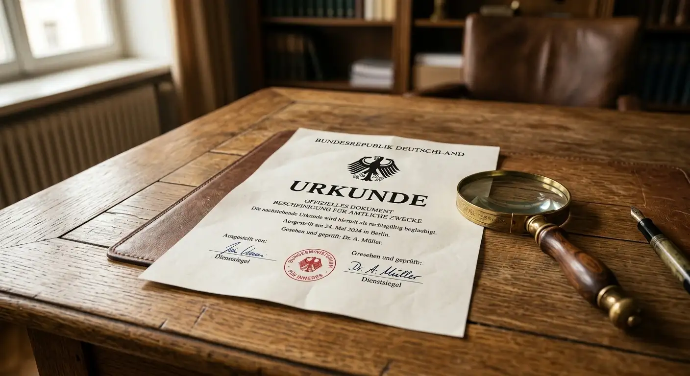 Offizielles Dokument auf einem Tisch, daneben eine Lupe, Bürokratie-Atmosphäre