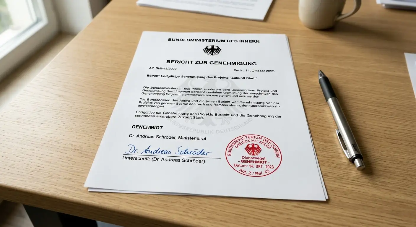 Offizielles Dokument mit Genehmigungsstempel auf einem aufgeräumten Schreibtisch – Regulierung Online-Glücksspiel Deutschland