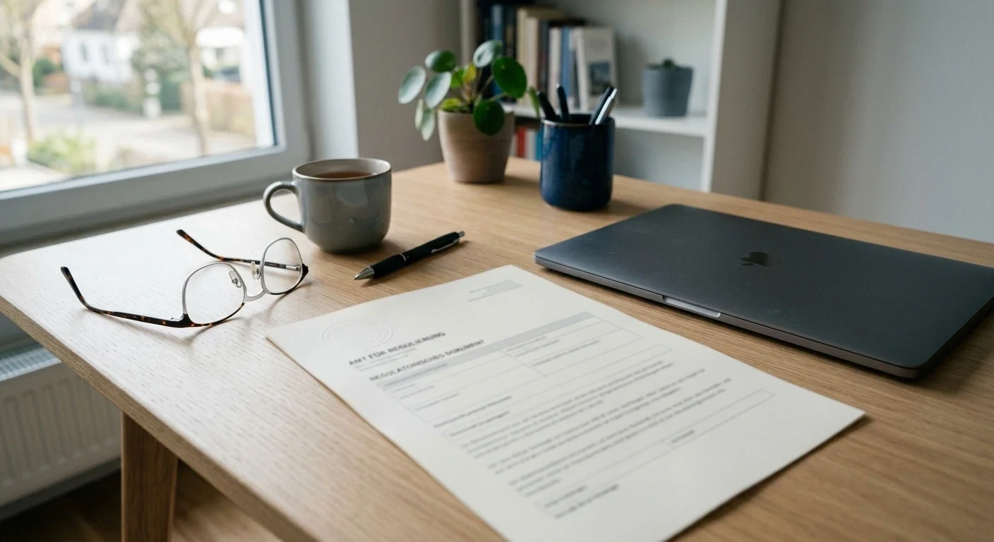 Amtliches deutsches Regulierungsdokument mit Stempel neben einem Laptop zur GGL-Lizenzfrage