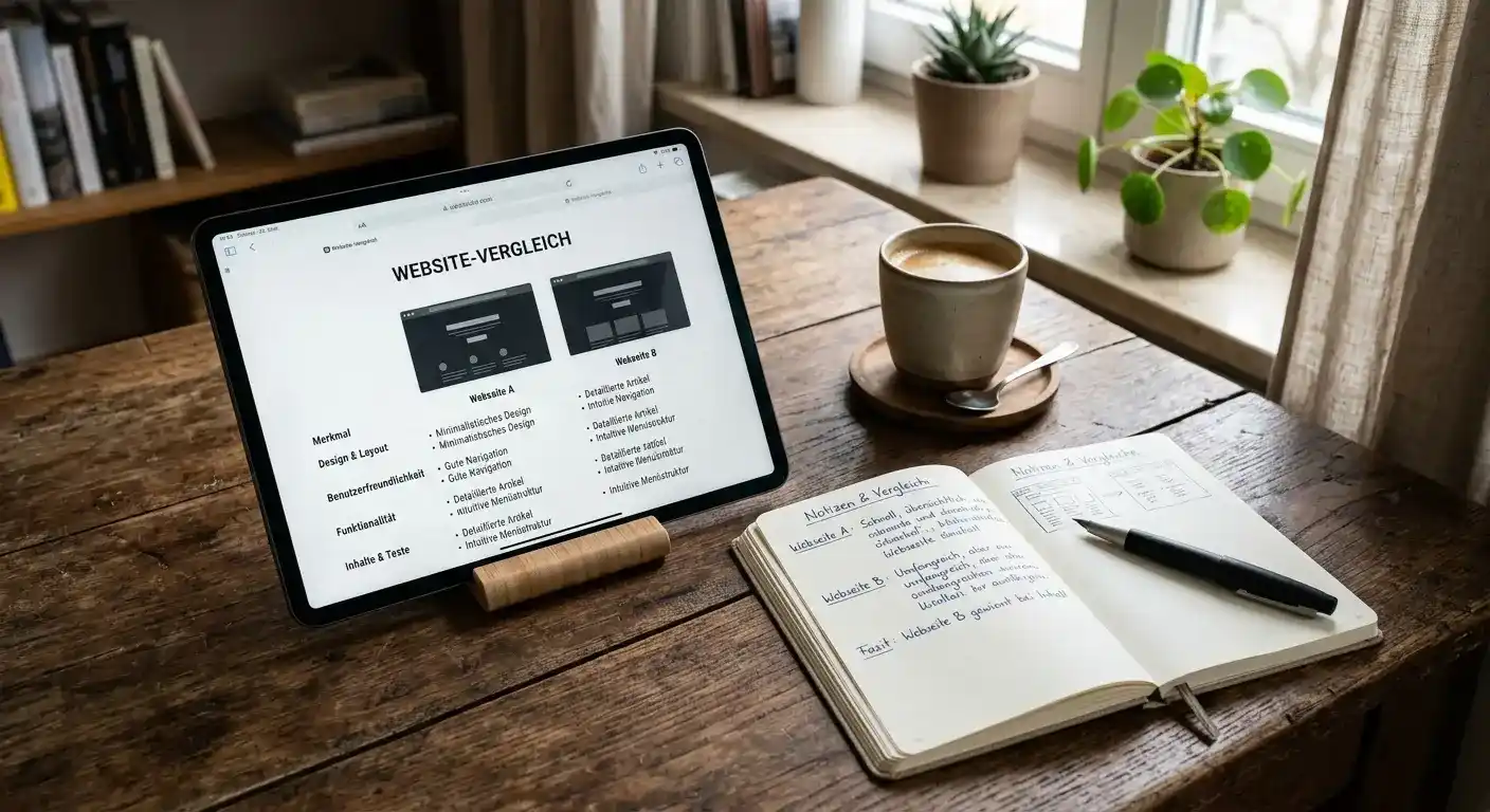 Holztisch mit Tablet-Vergleichsliste und aufgeschlagenem Notizbuch