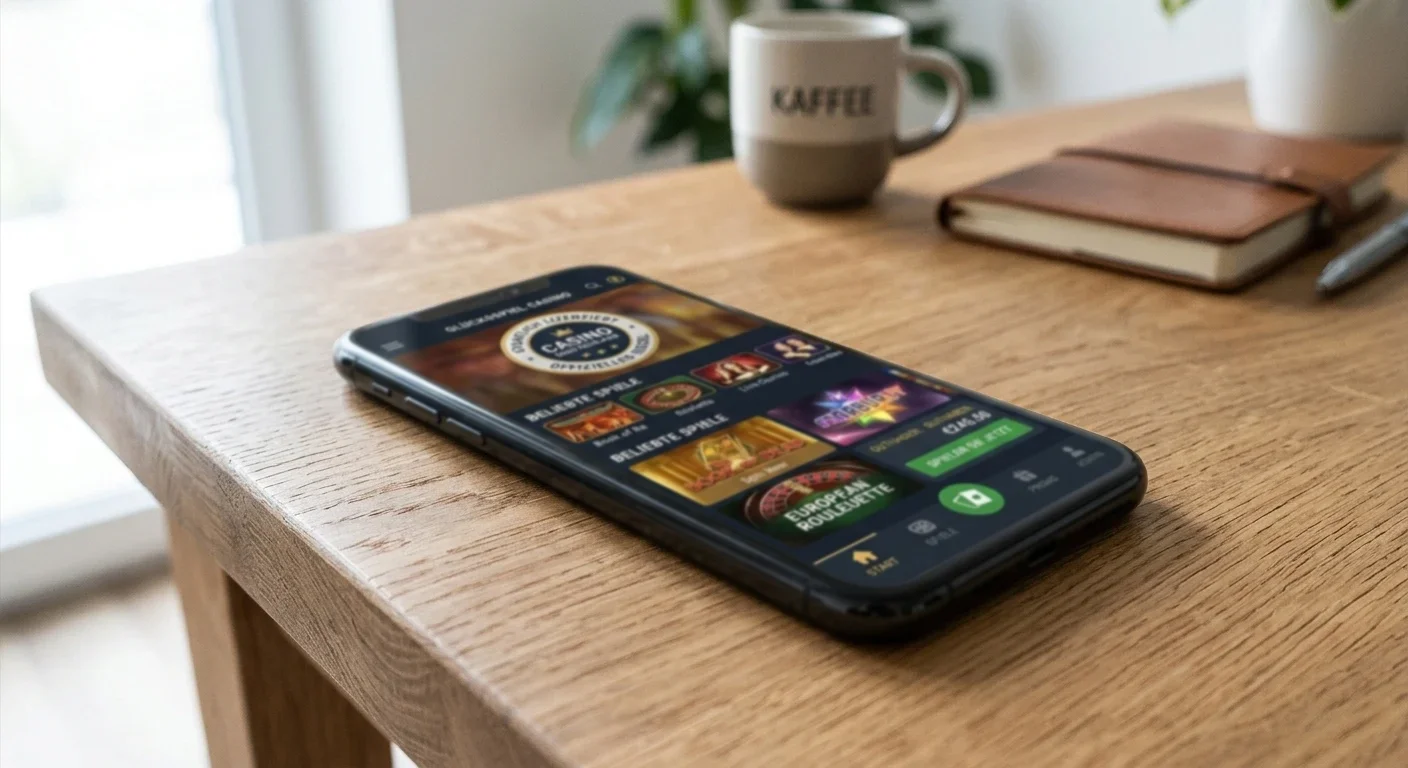 Smartphone mit Casino-App und GGL-Lizenzsiegel auf modernem Schreibtisch