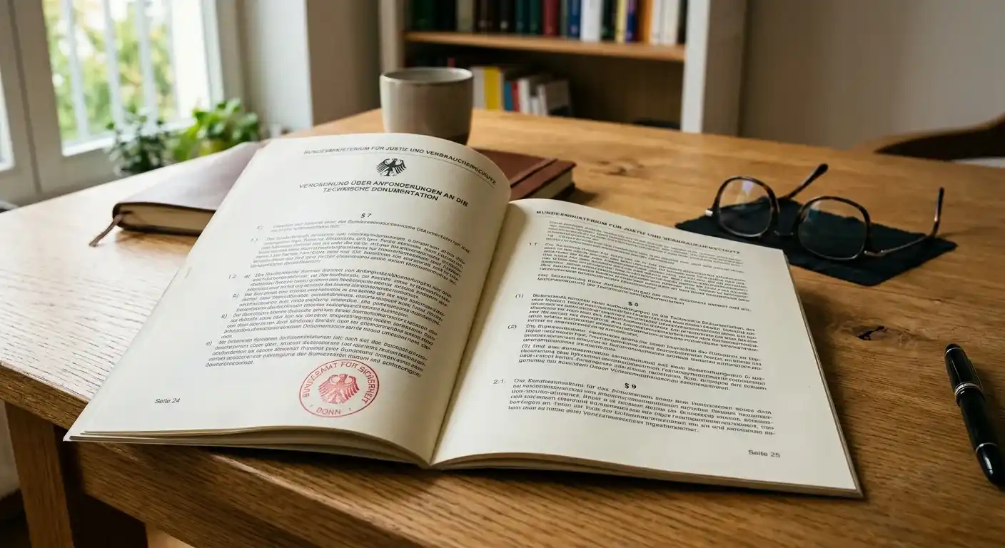 Aufgeschlagenes Regelwerk mit Paragraphen und Stempel auf einem Schreibtisch