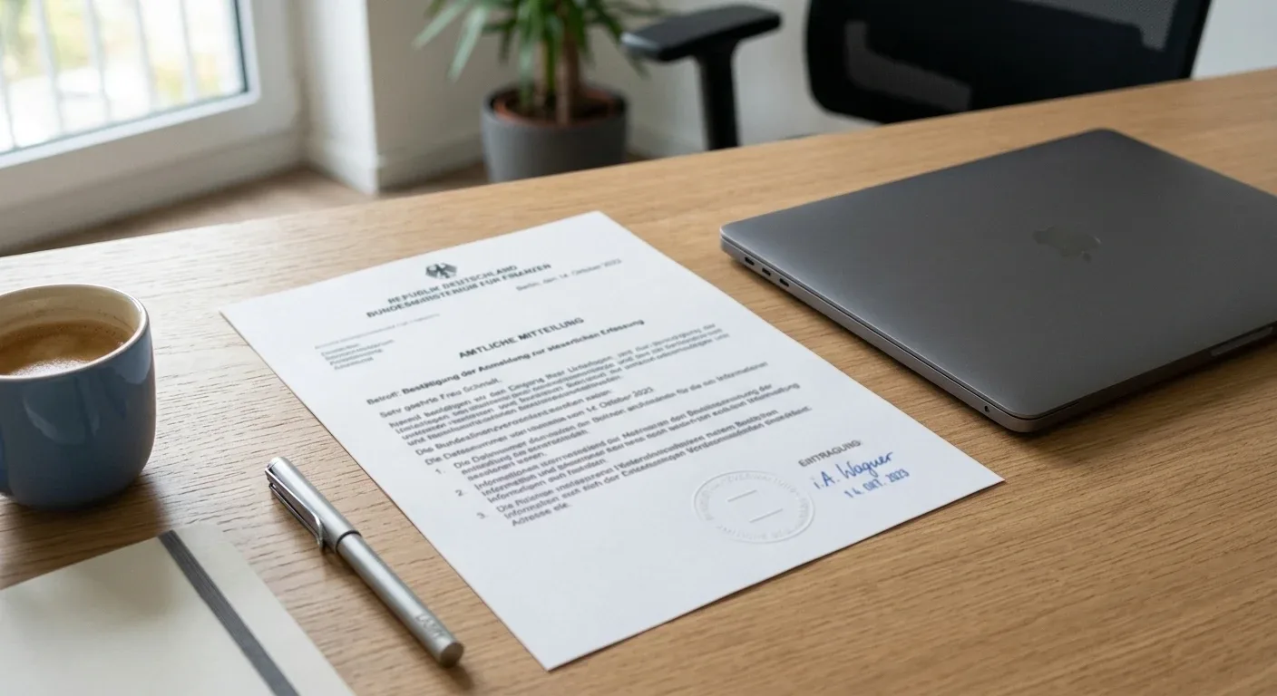 Amtliches deutsches Genehmigungsdokument mit neutralem Stempel auf einem Schreibtisch