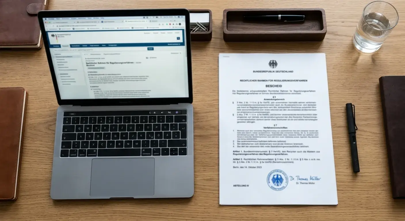 Offizielles Lizenzdokument und Rechtstexte auf Schreibtisch neben Laptop