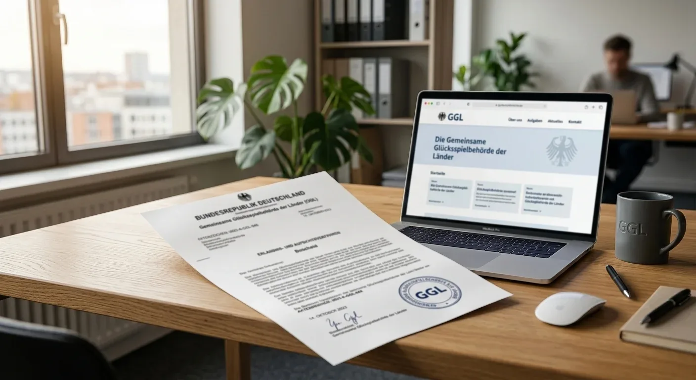Offizielles deutsches Behördendokument mit GGL-Stempel neben Laptop auf Schreibtisch