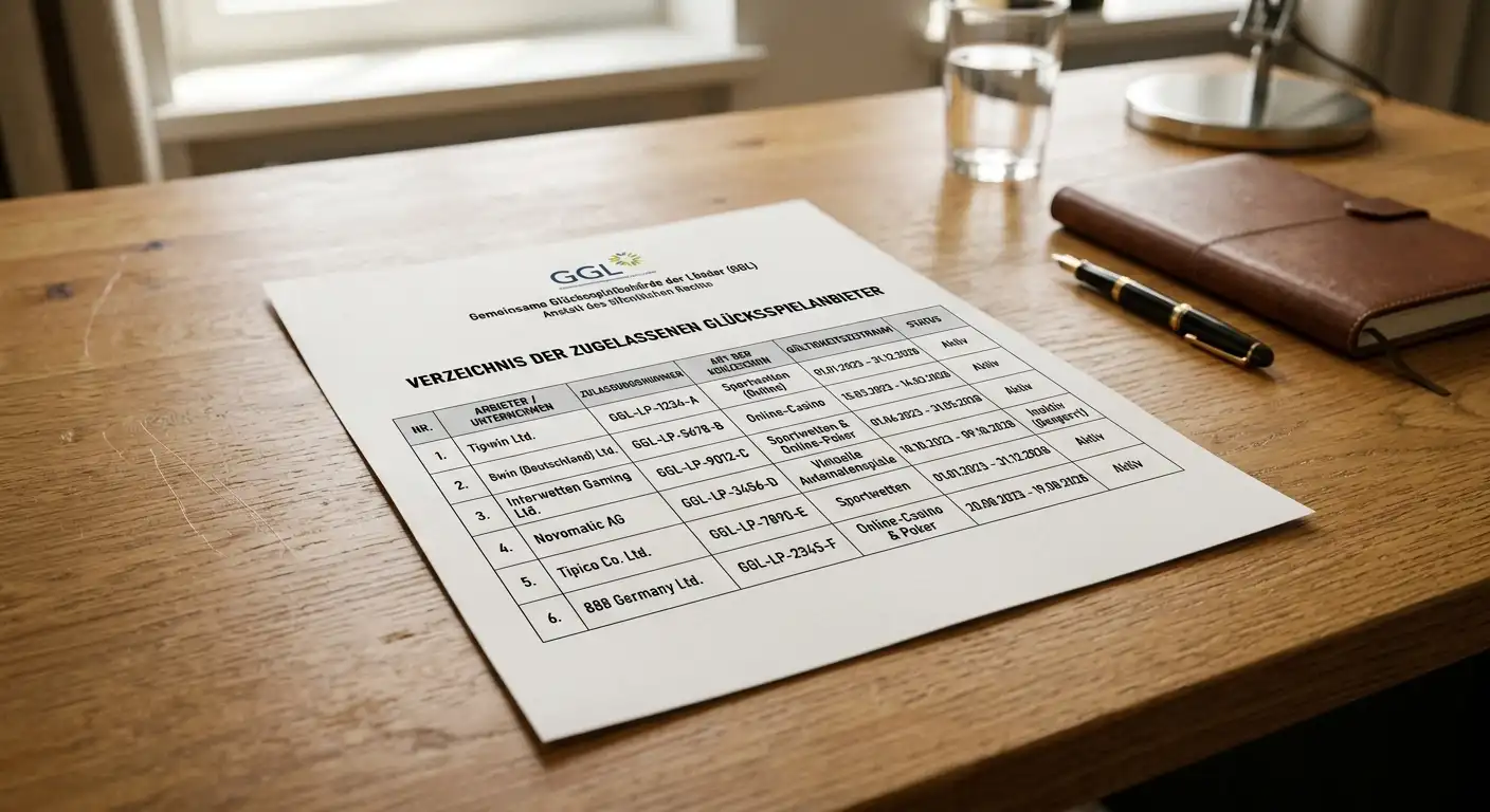 Offizielles GGL-Whitelist-Dokument mit Erlaubnisinhabern für virtuelle Automatenspiele