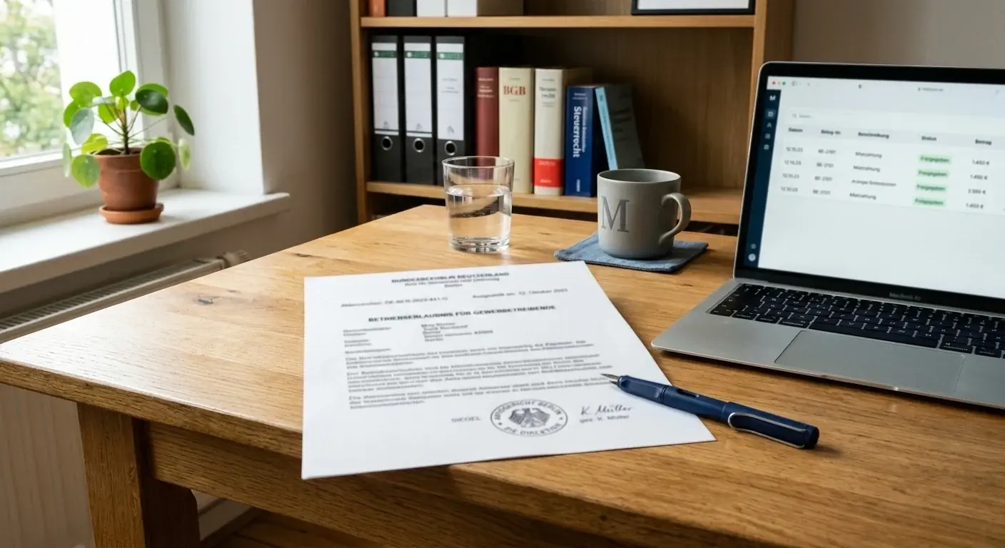 Amtliches Erlaubnisdokument mit Stempel neben einem Laptop mit der GGL-Whitelist