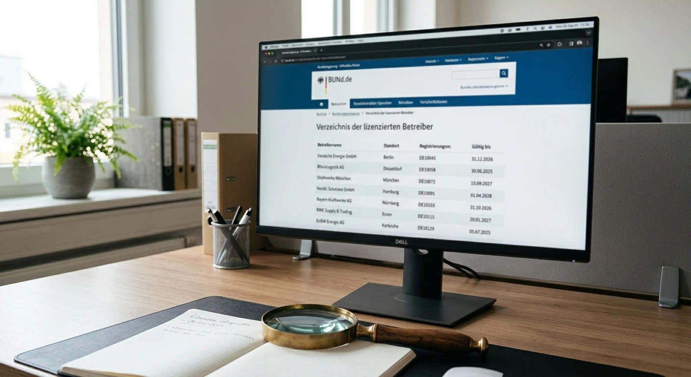Offizielle GGL-Whitelist auf einem Monitor mit Lupe darüber