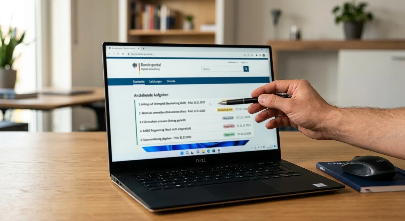 Laptop mit Behörden-Website und Hand mit Stift zur Überprüfung der Whitelist