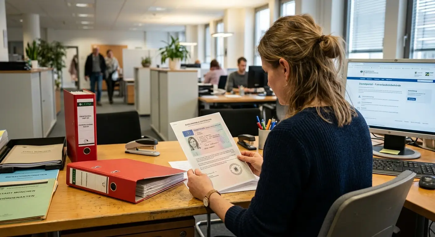 Behördenschreibtisch mit Lizenzdokument und einem Aktenordner zu Regulierung
