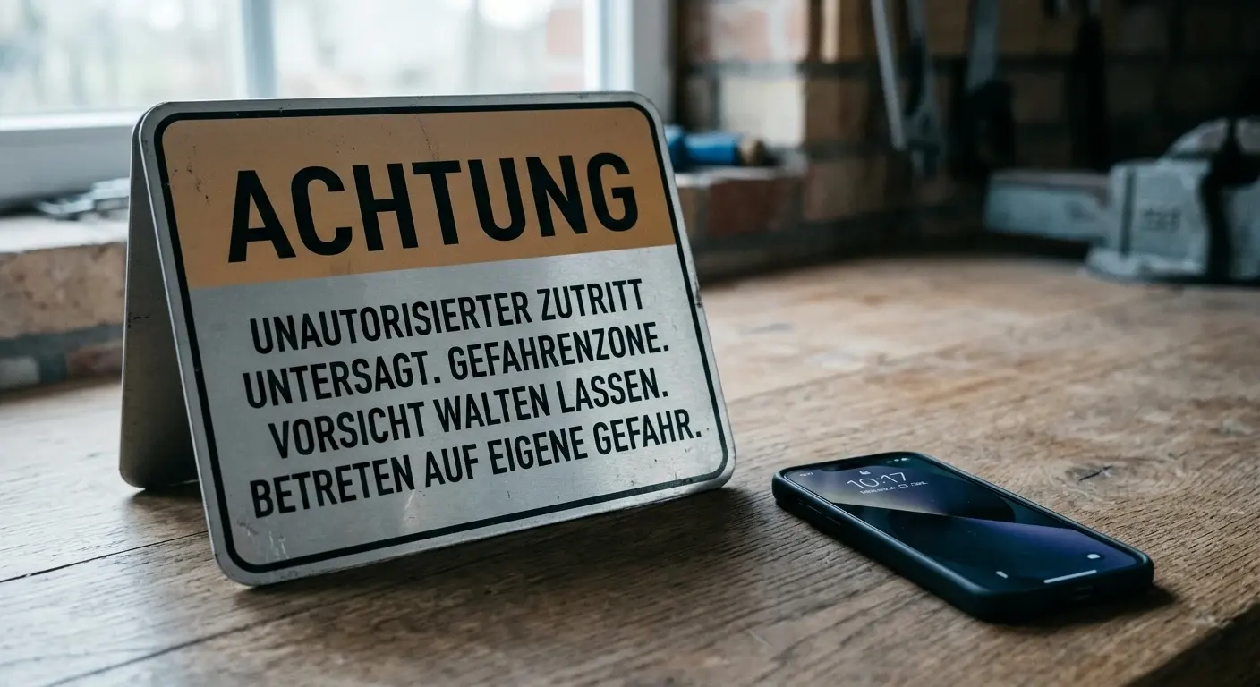 Generisches Warnschild neben Smartphone — Sinnbild für unklare Anbieter ohne Lizenz