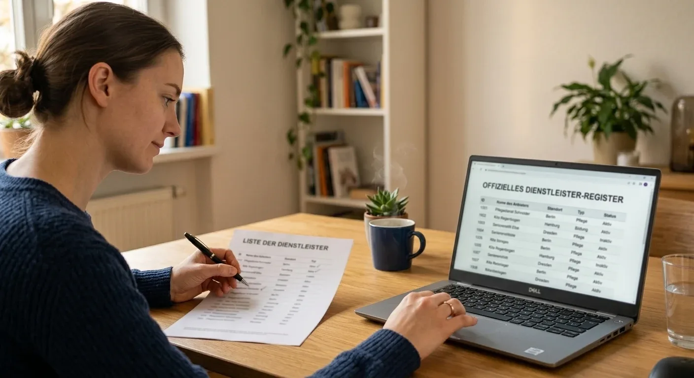 Person prüft eine Anbieterliste am Notebook auf eine gültige deutsche Lizenz