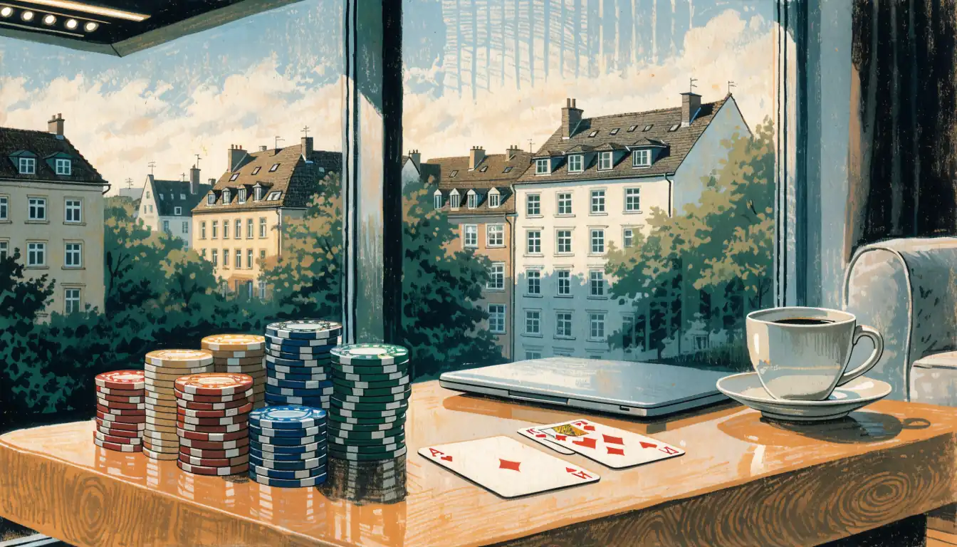 Modernes deutsches Wohnzimmer mit gestapelten Casino-Chips und Spielkarten auf einem Holztisch bei warmem Tageslicht