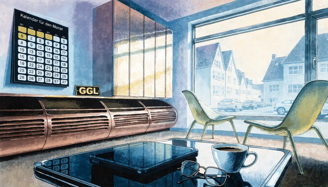 Wohnzimmer mit Wandkalender, Tablet verdeckt auf dem Tisch und GGL-Lizenzsymbol im Regal.