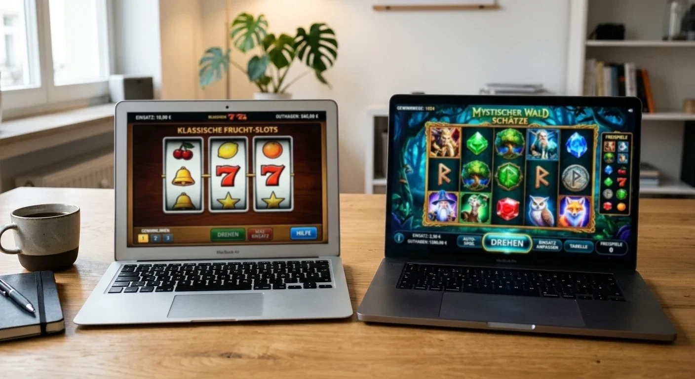 Retro-Spielautomat mit drei Walzen neben modernem Video-Slot auf Desktop