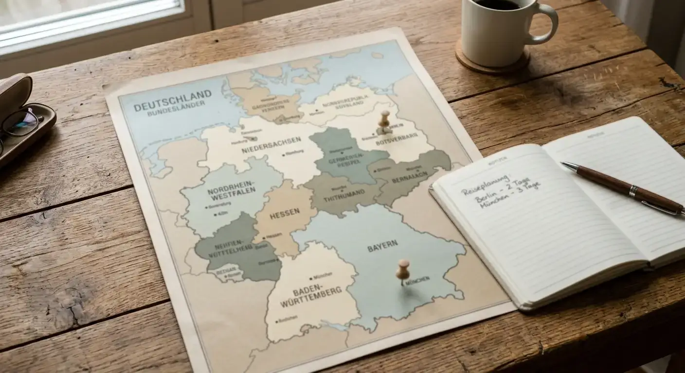 Karte von Deutschland mit zwei markierten Bundesländern auf einem Schreibtisch