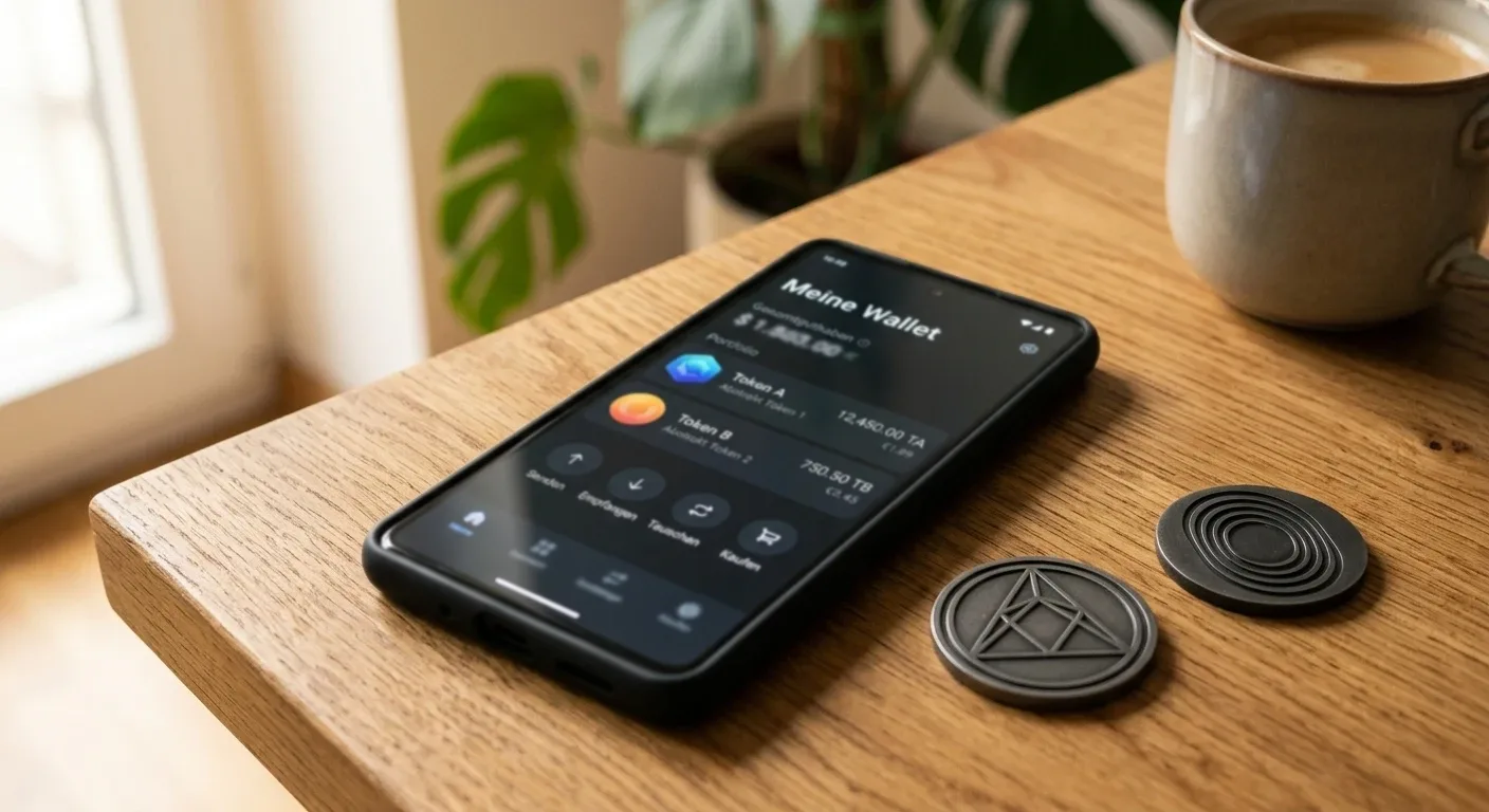 Smartphone mit Krypto-Wallet und abstrakte Token auf einem Schreibtisch