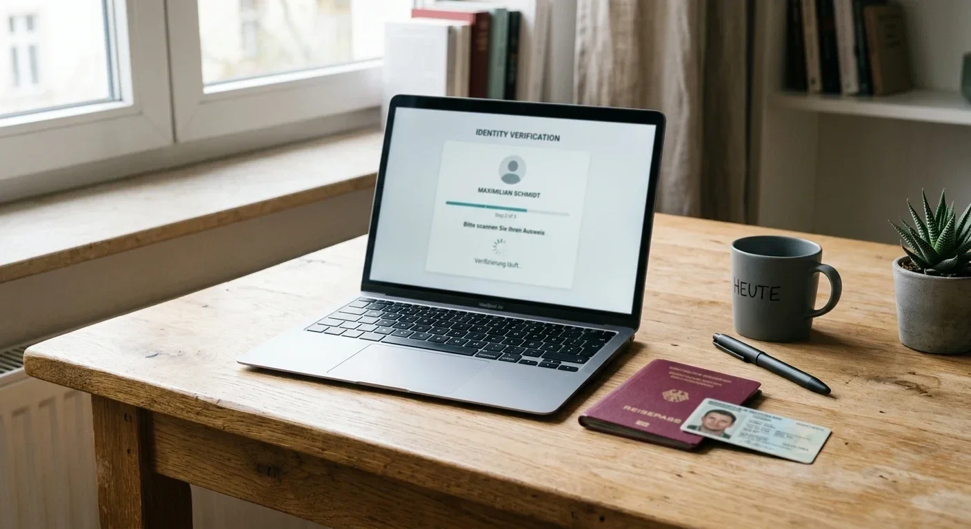 Ausweisdokument und Laptop auf einem Schreibtisch für die Identitätsprüfung vor der ersten Auszahlung