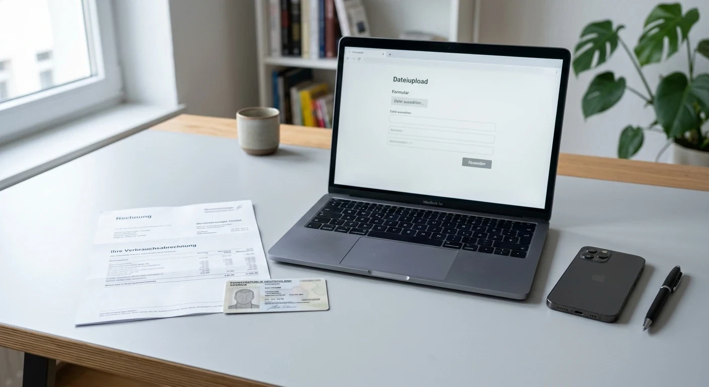 Dokumente für die Verifizierung neben einem Laptop mit Upload-Formular