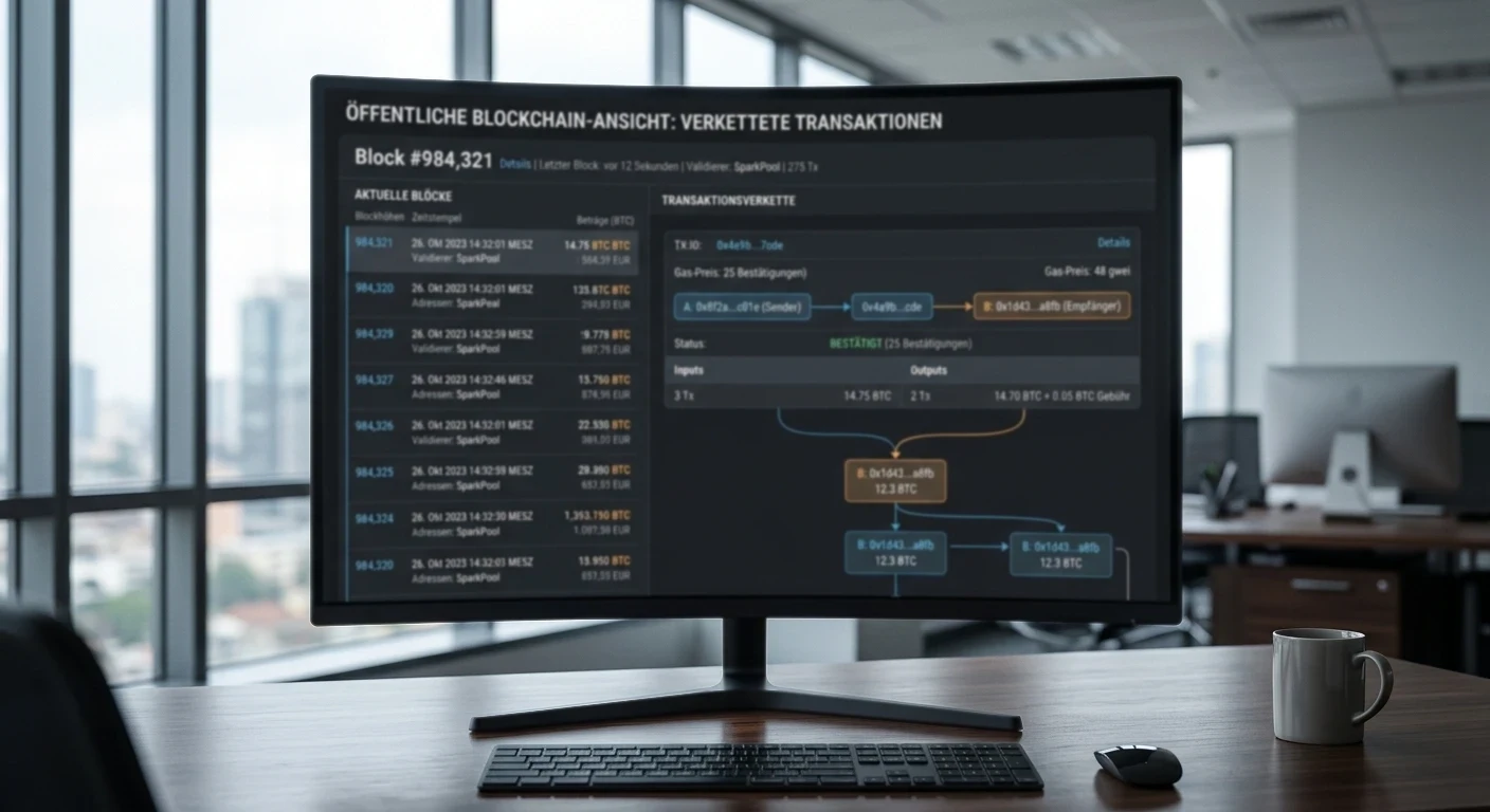 Bildschirm mit öffentlicher Blockchain-Ansicht verketteter Transaktionen