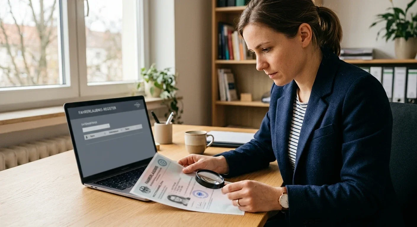 Person prüft eine Lizenznummer im offiziellen Register am Laptop
