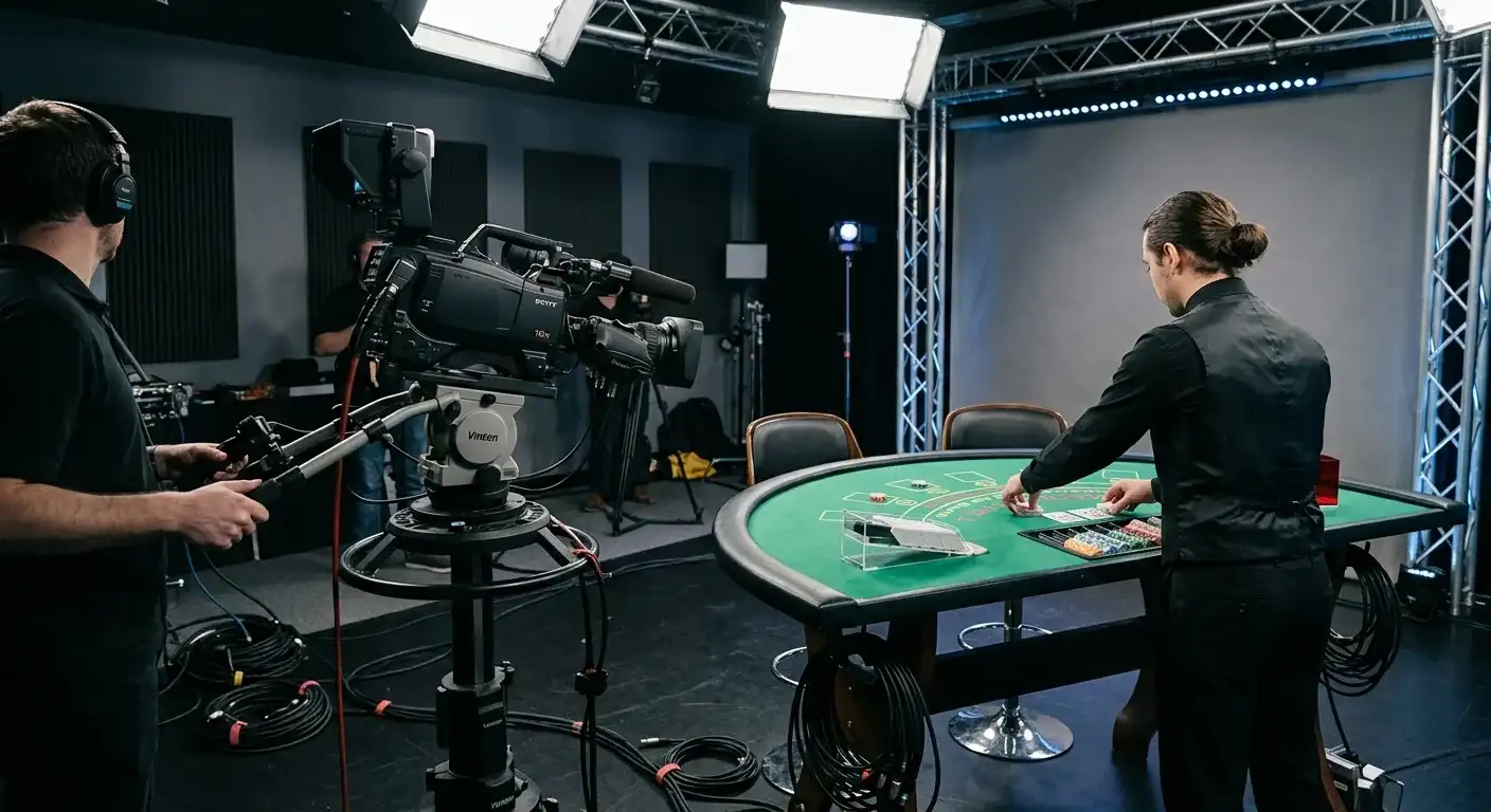 Studiokamera vor einem Blackjack-Tisch für einen Live-Stream