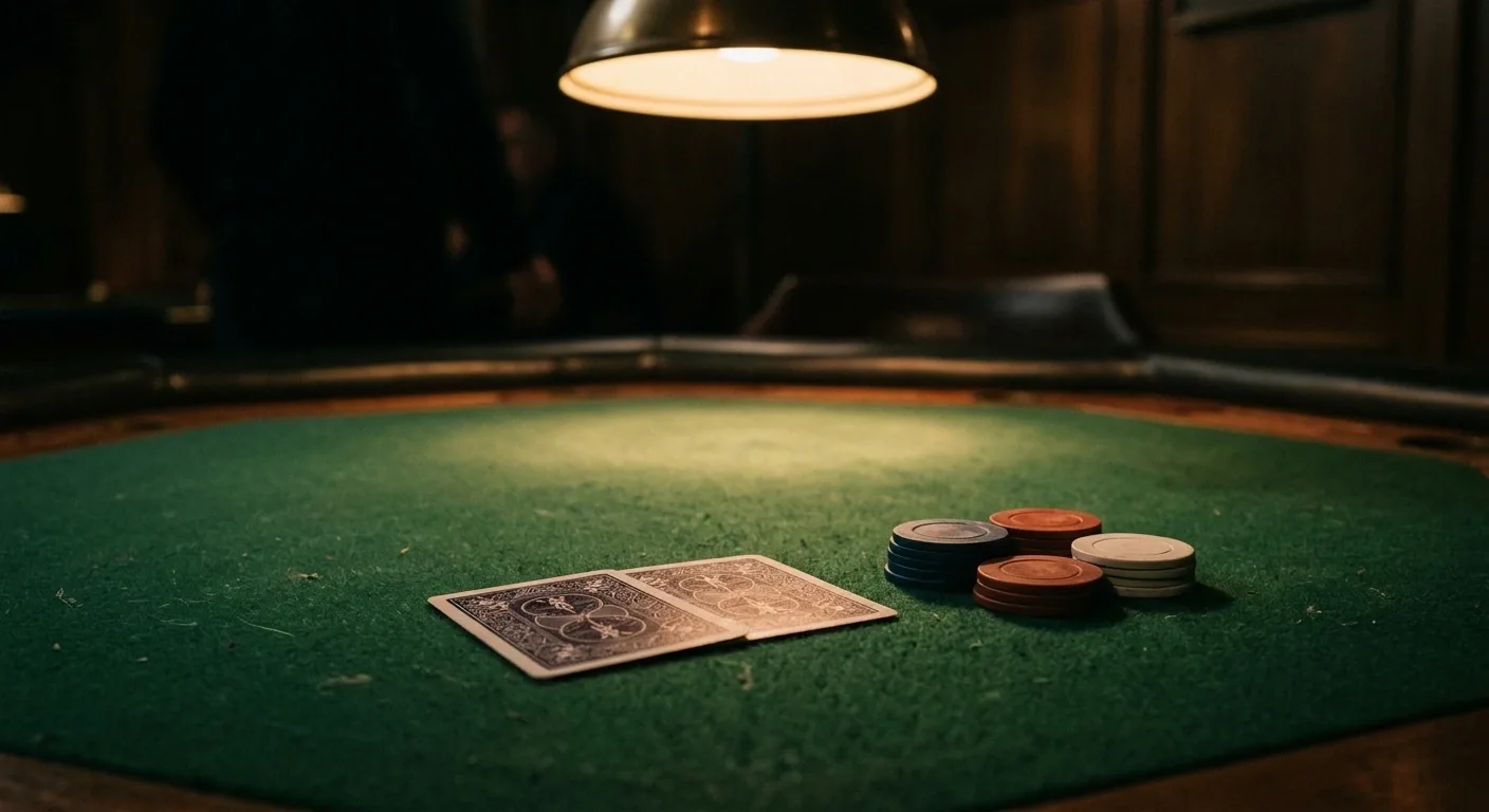 Gedämpfte Nahaufnahme eines Tischspieltisches mit Chips und Karten ohne erkennbaren Dealer