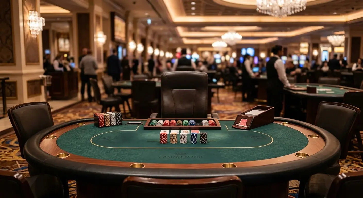 Eleganter Pokerraum in einer Spielbank mit Tisch und gedämpftem Licht