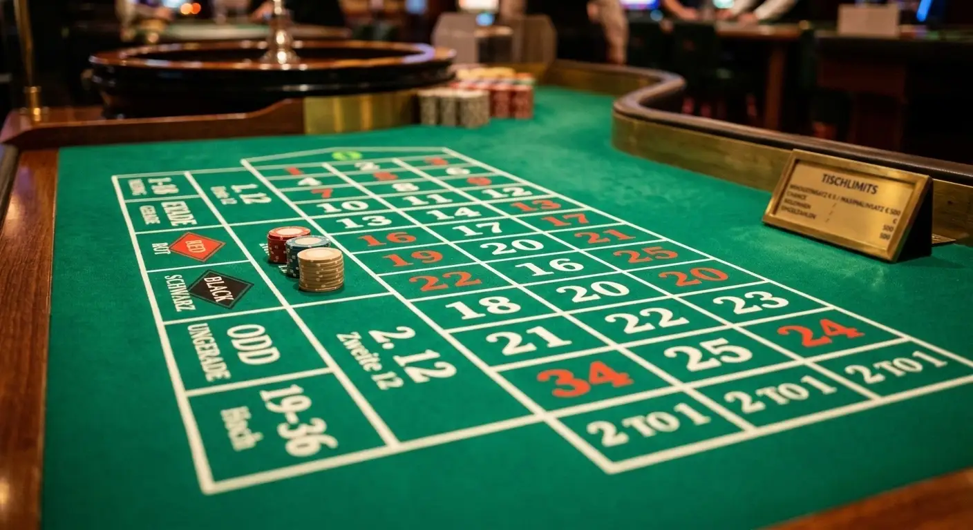 Live-Roulette-Tisch mit Tischlimit-Anzeige und Mindesteinsatz-Schild