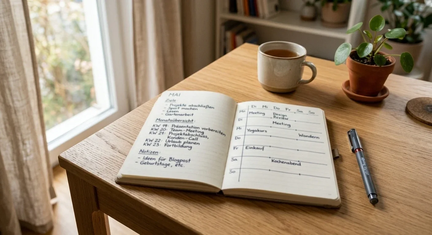Schreibtisch mit Notizbuch und symbolischer Monatsübersicht für Einzahlungslimit