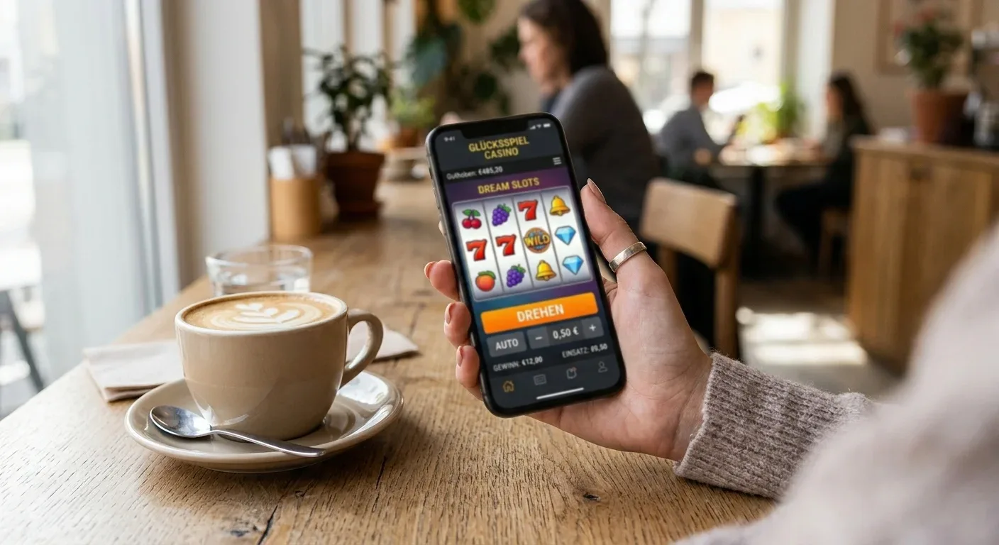 Hand hält Smartphone mit Casino-Interface auf Café-Tisch mit Kaffeetasse