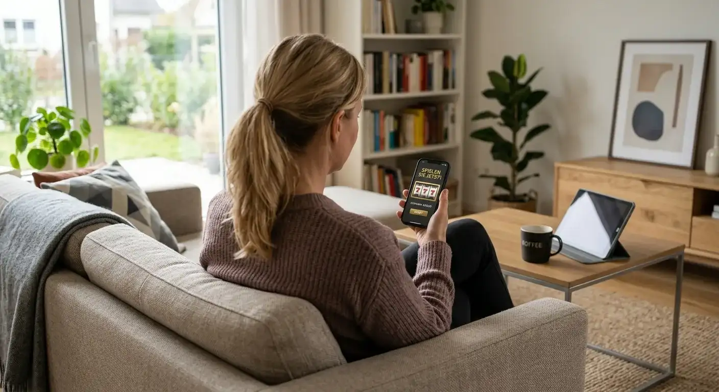 Erwachsener auf dem Sofa hält ein Smartphone mit neutraler Casino-Oberfläche