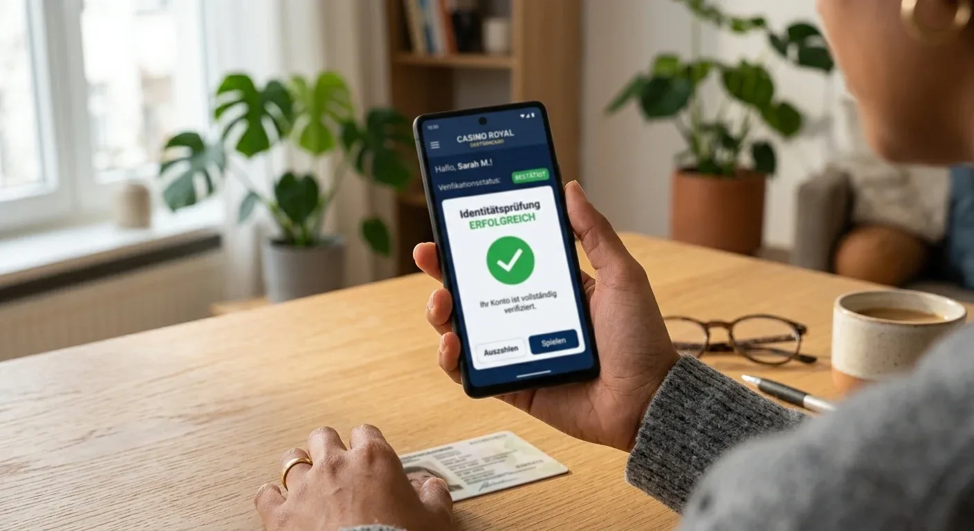Hand mit Smartphone zeigt Casino-App mit Verifizierungs-Checkmarks und Ausweis auf dem Tisch
