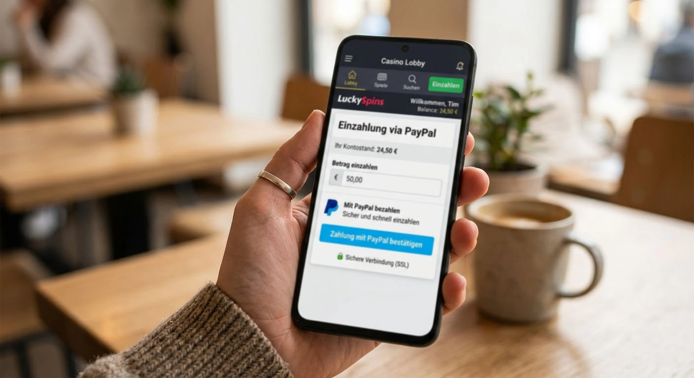 Smartphone mit Casino-Lobby und PayPal-Einzahlungsbildschirm