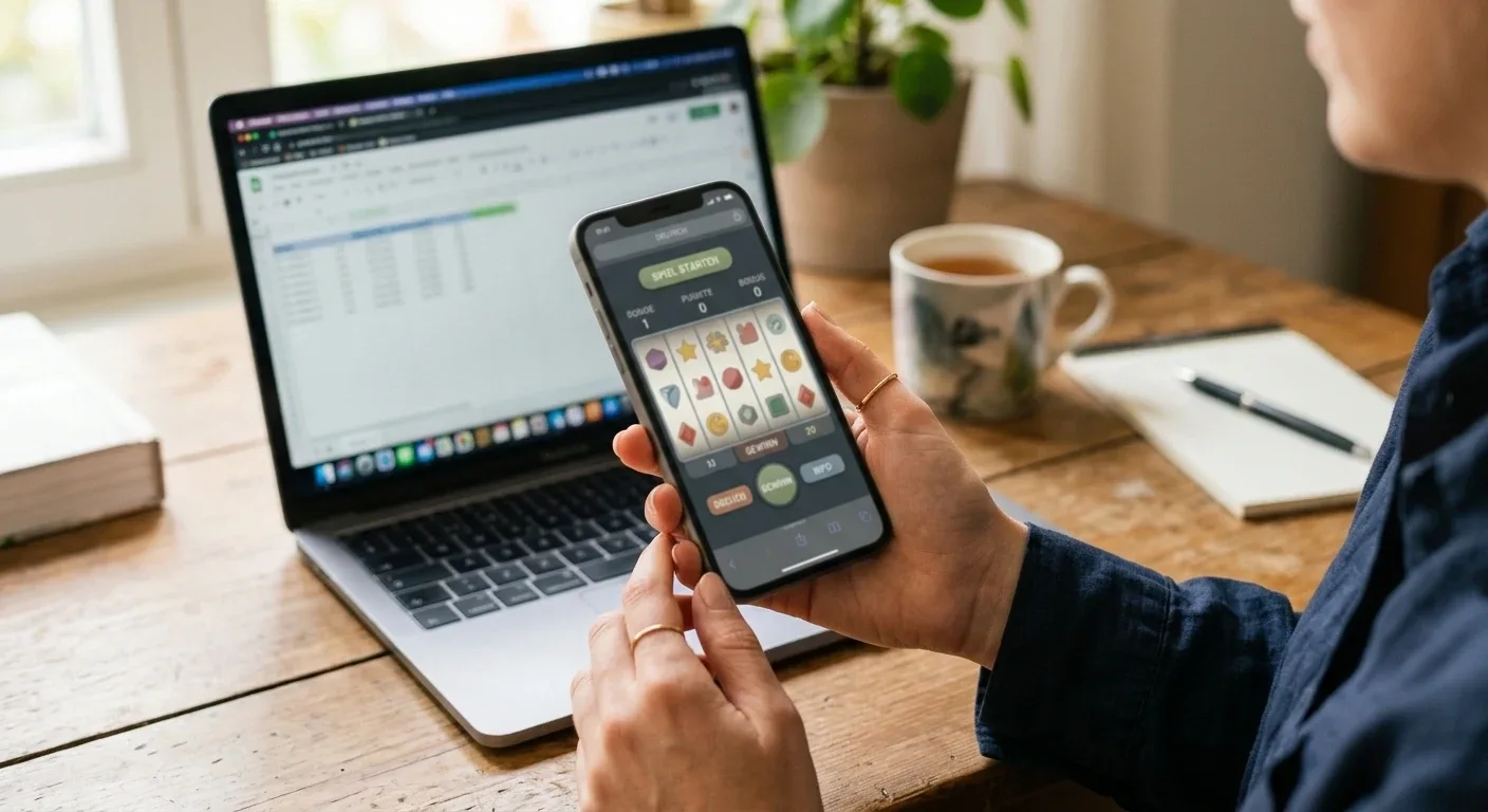 Hand hält ein Smartphone mit einer neutralen abstrakten Spieloberfläche, im Hintergrund unscharf ein Laptop, Sinnbild für mobiles Spiel an Spielautomaten direkt im Browser