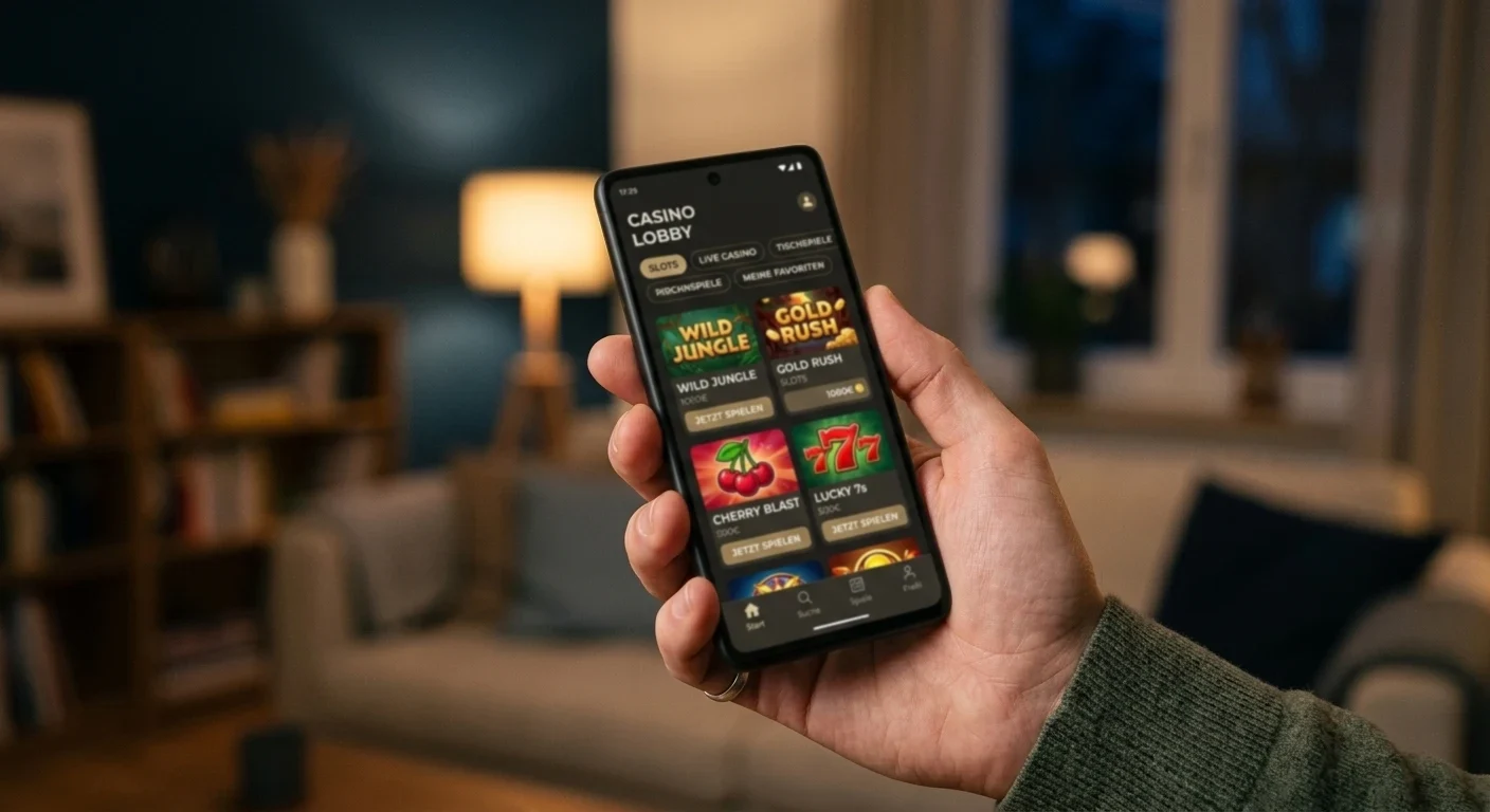 Smartphone mit neutraler Casino-App zum Einsatz des Echtgeld-Startguthabens unterwegs
