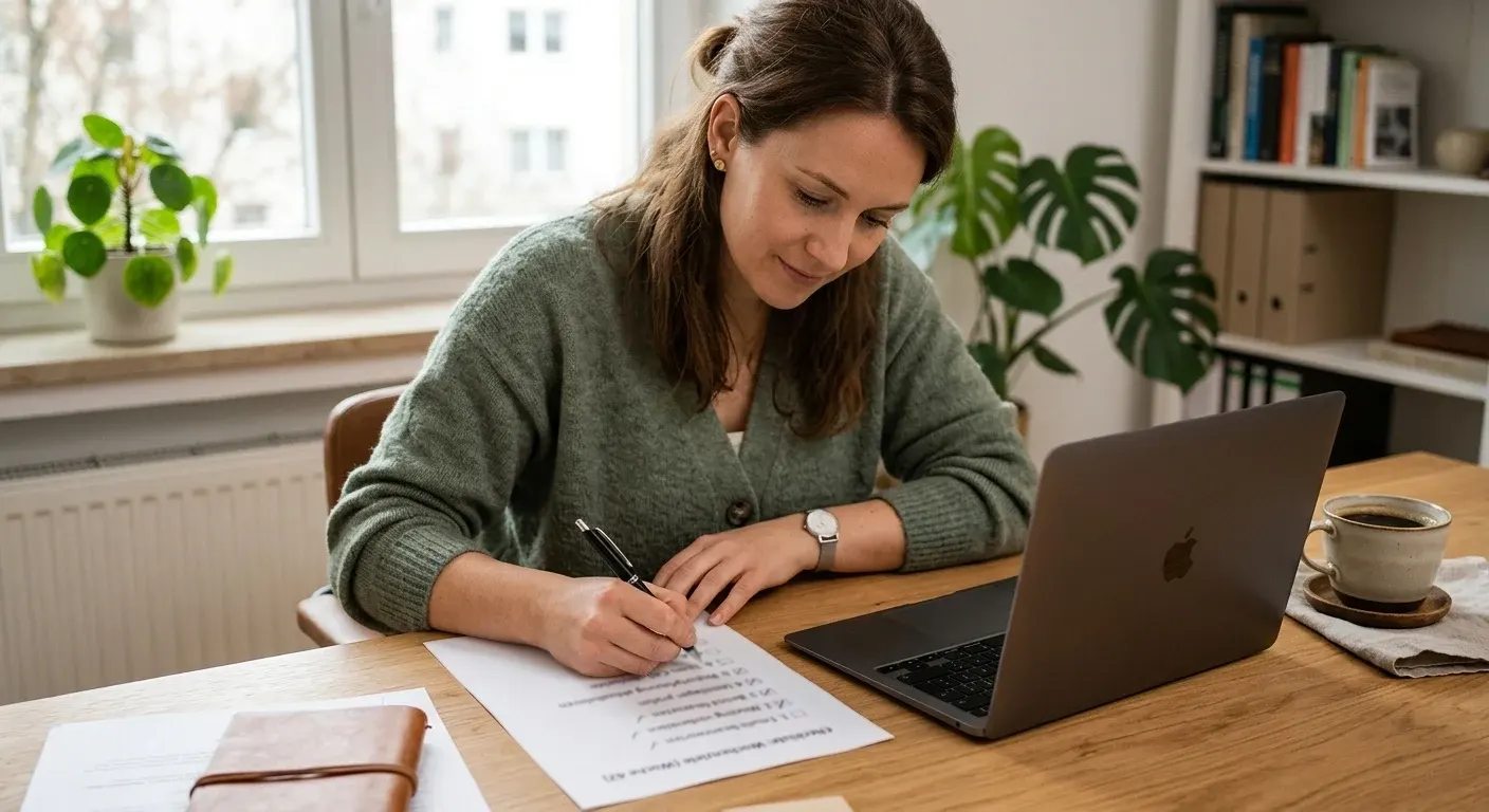 Person hakt ruhig eine gedruckte Checkliste mit Stift am Schreibtisch ab