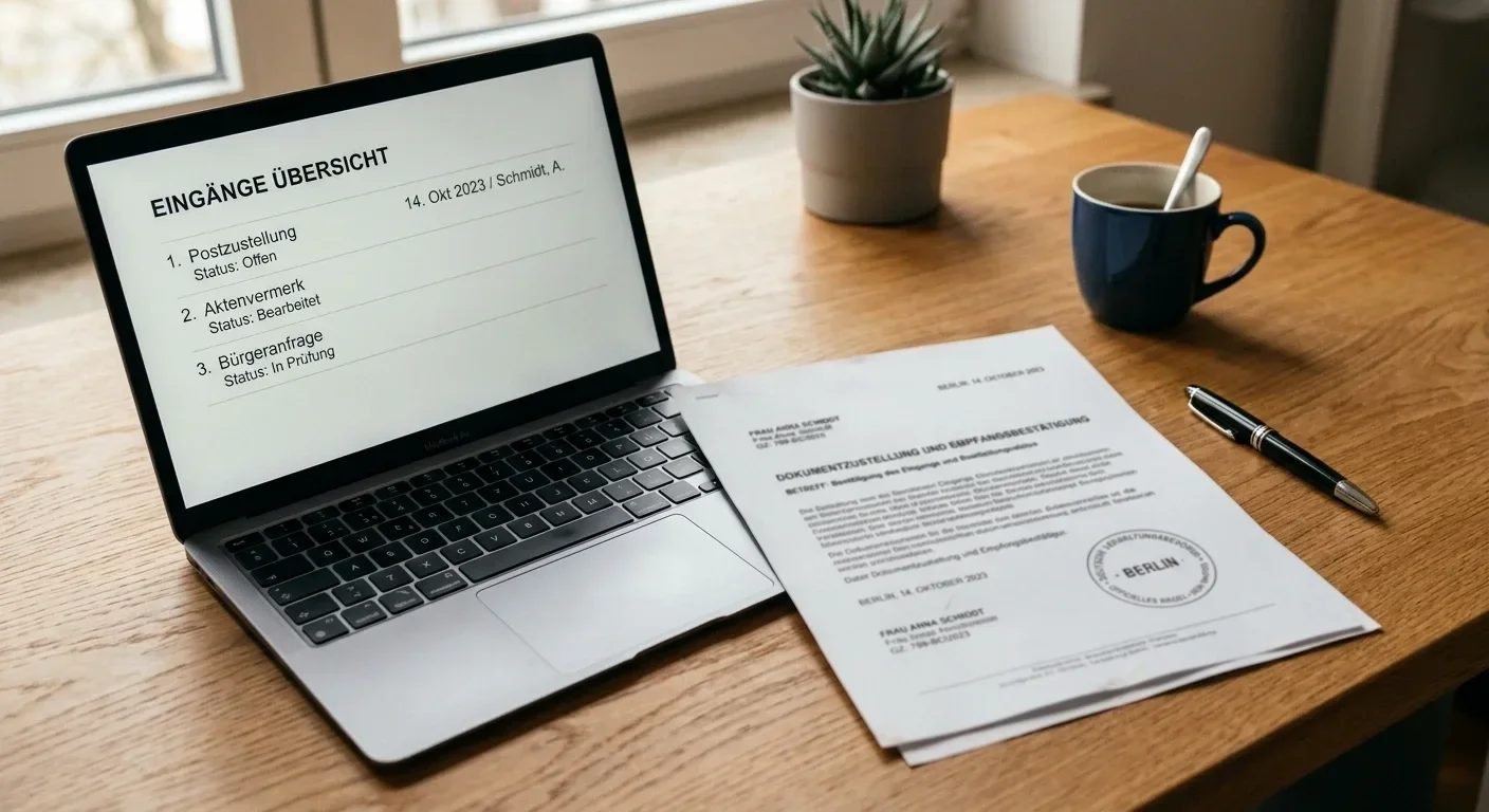 Neutrales Lizenzdokument mit Stempel neben einem Laptop mit schlichter Liste