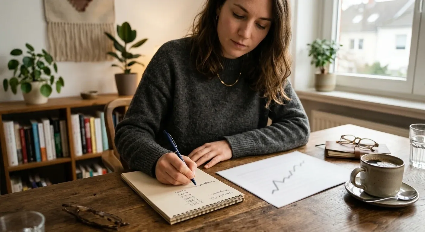 Person rechnet mit Stift auf einem Notizblock den Erwartungswert eines Bonus mit niedrigem Umsatz aus